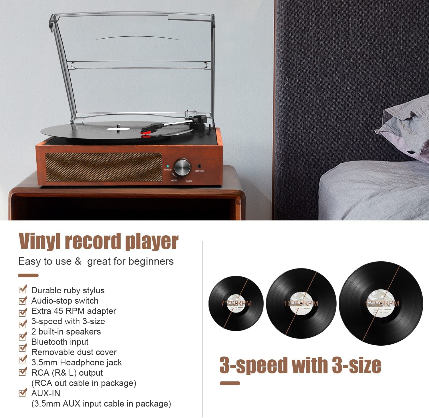 Vinyl Record Player Turntable with Built-in Bluetooth