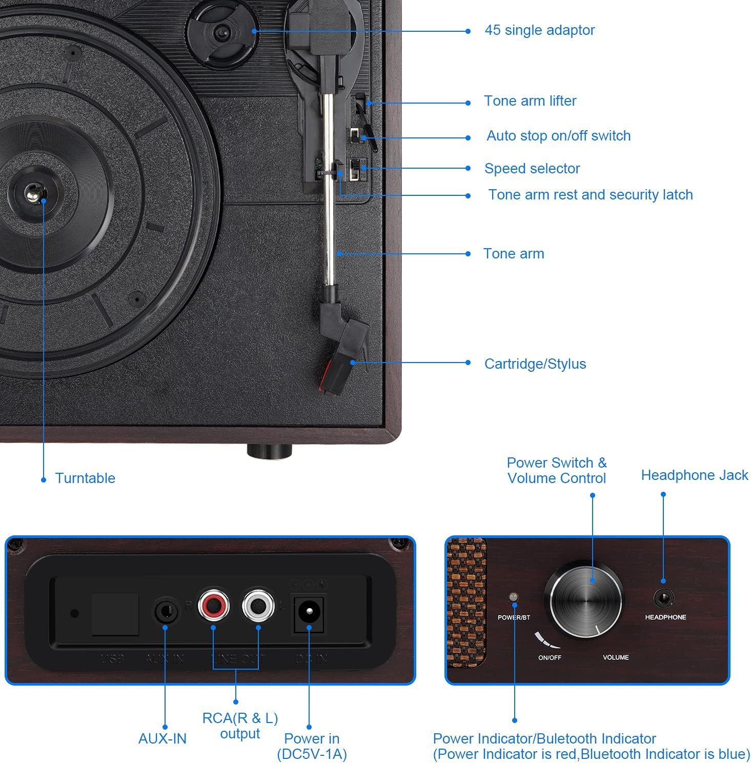 Vinyl Record Player Turntable with Built-in Bluetooth