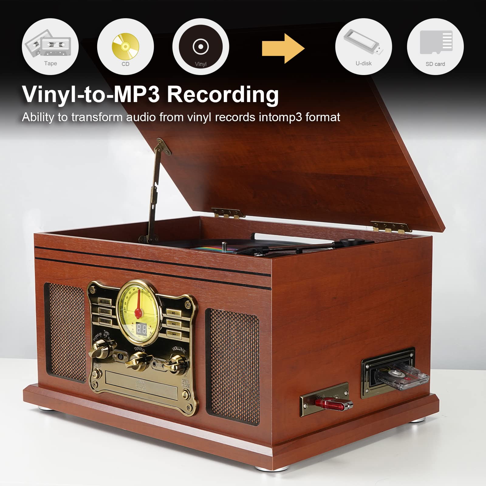 10-in-1 Bluetooth Record Player Multifunctional 3-Speed Turntable