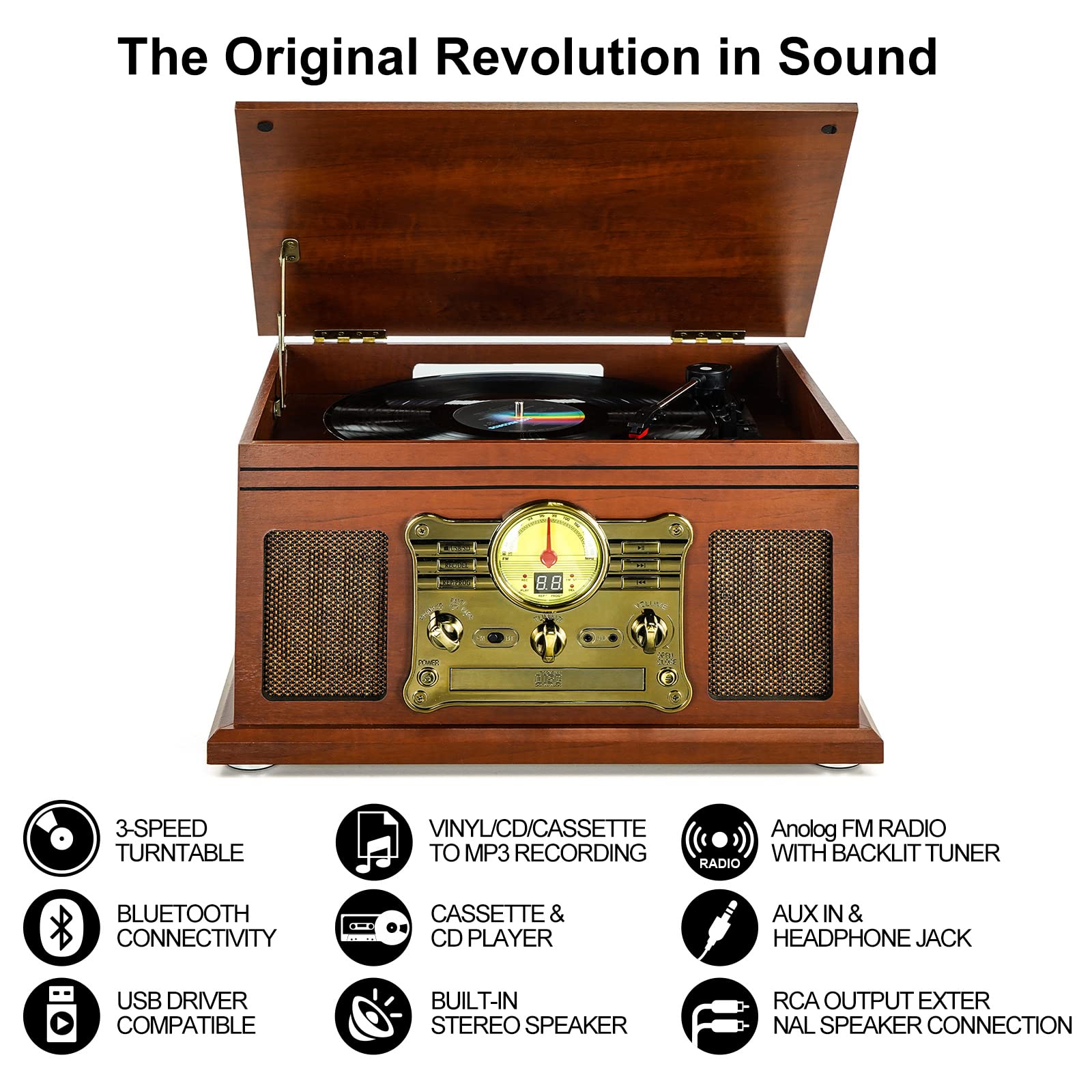 10-in-1 Bluetooth Record Player Multifunctional 3-Speed Turntable