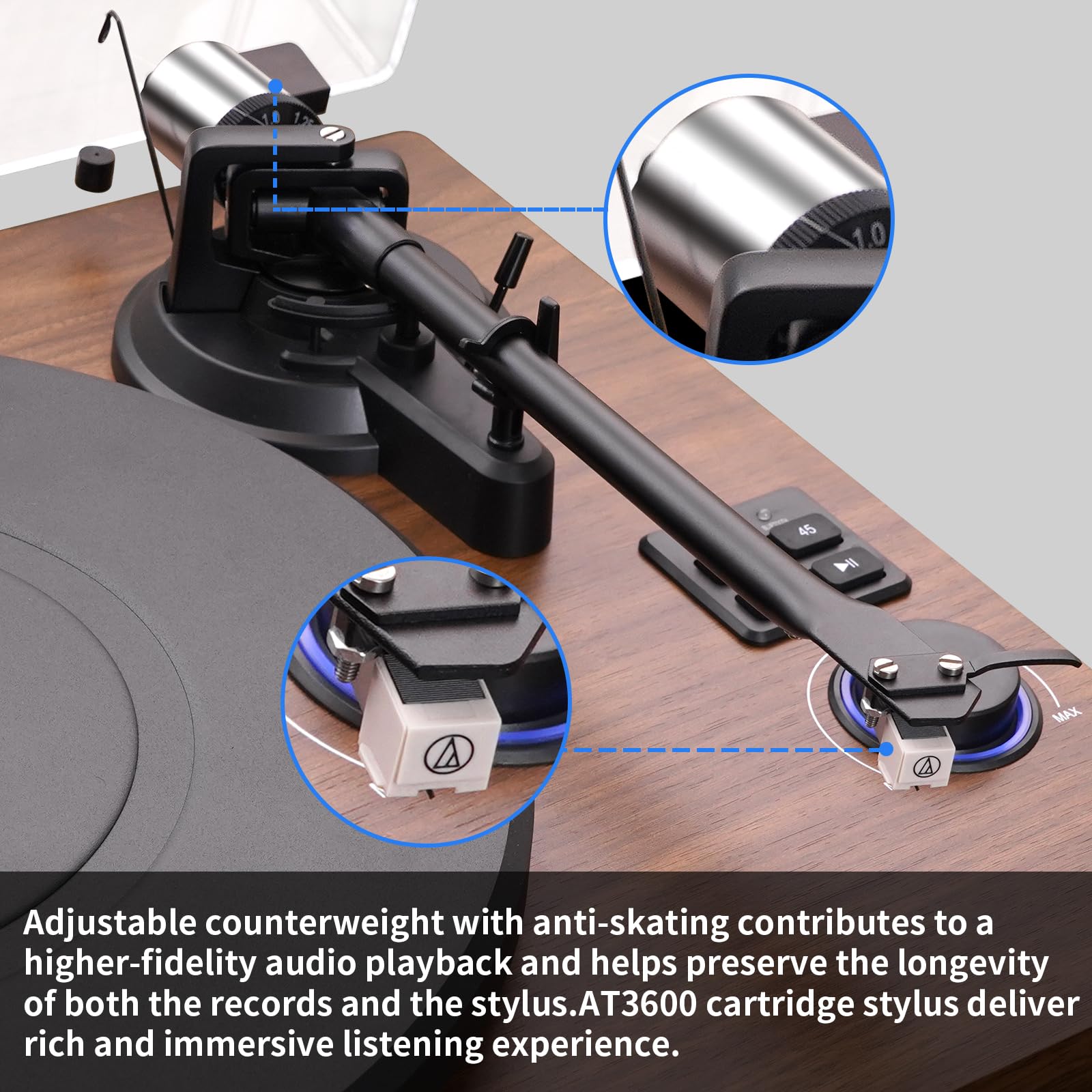 Vinyl Record Player with 36 Watt Detachable Speakers for High Fidelity Sound