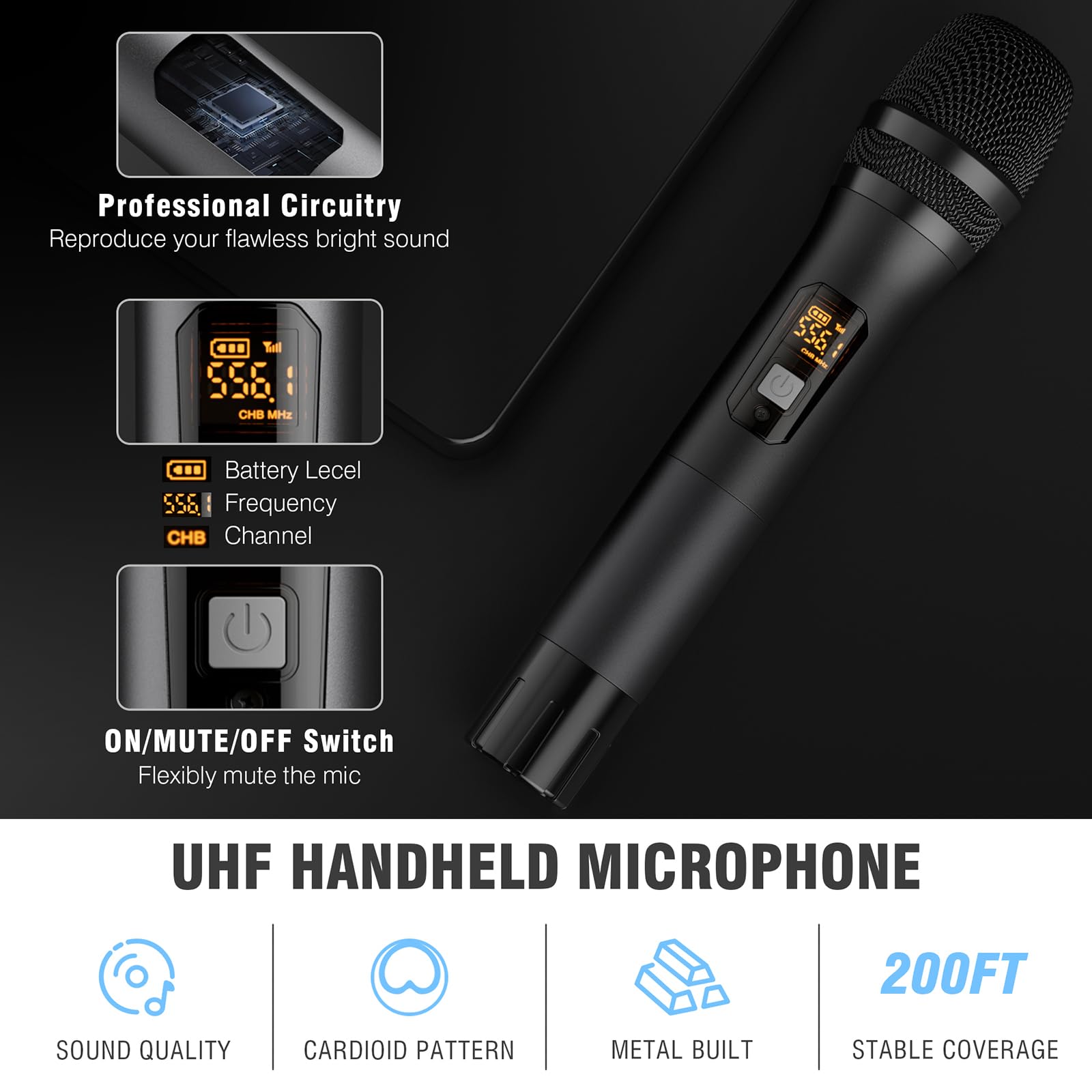 Wireless Microphone,Professional Metal Dual UHF Cordless Dynamic Mic Handheld Microphone System (200ft) for Karaoke