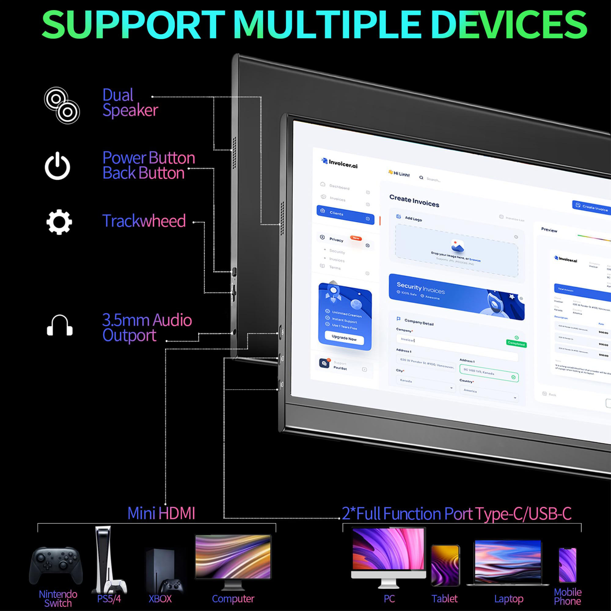 Portable Monitor 15.6inch FHD 1080P USB C HDMI Gaming Ultra-Slim IPS Display